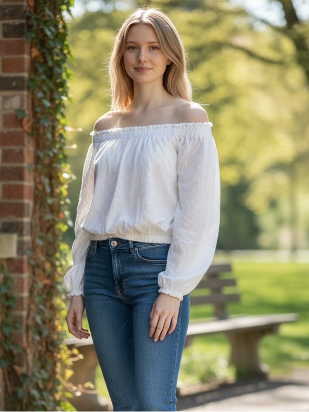MEXX (M) Off-The-Shoulder Eyelet Blouse Lightweight White Lined Peasant Boho